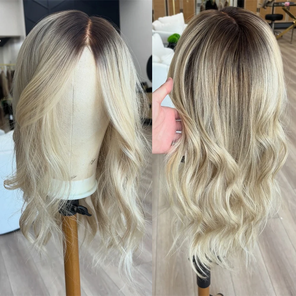 Balayage Lace Front Wig 20Inch HD Lace Wig Light Golden Blonde Natural Wavy Wig Ombre Dark Roots Synthetic Heat Resistant Fiber