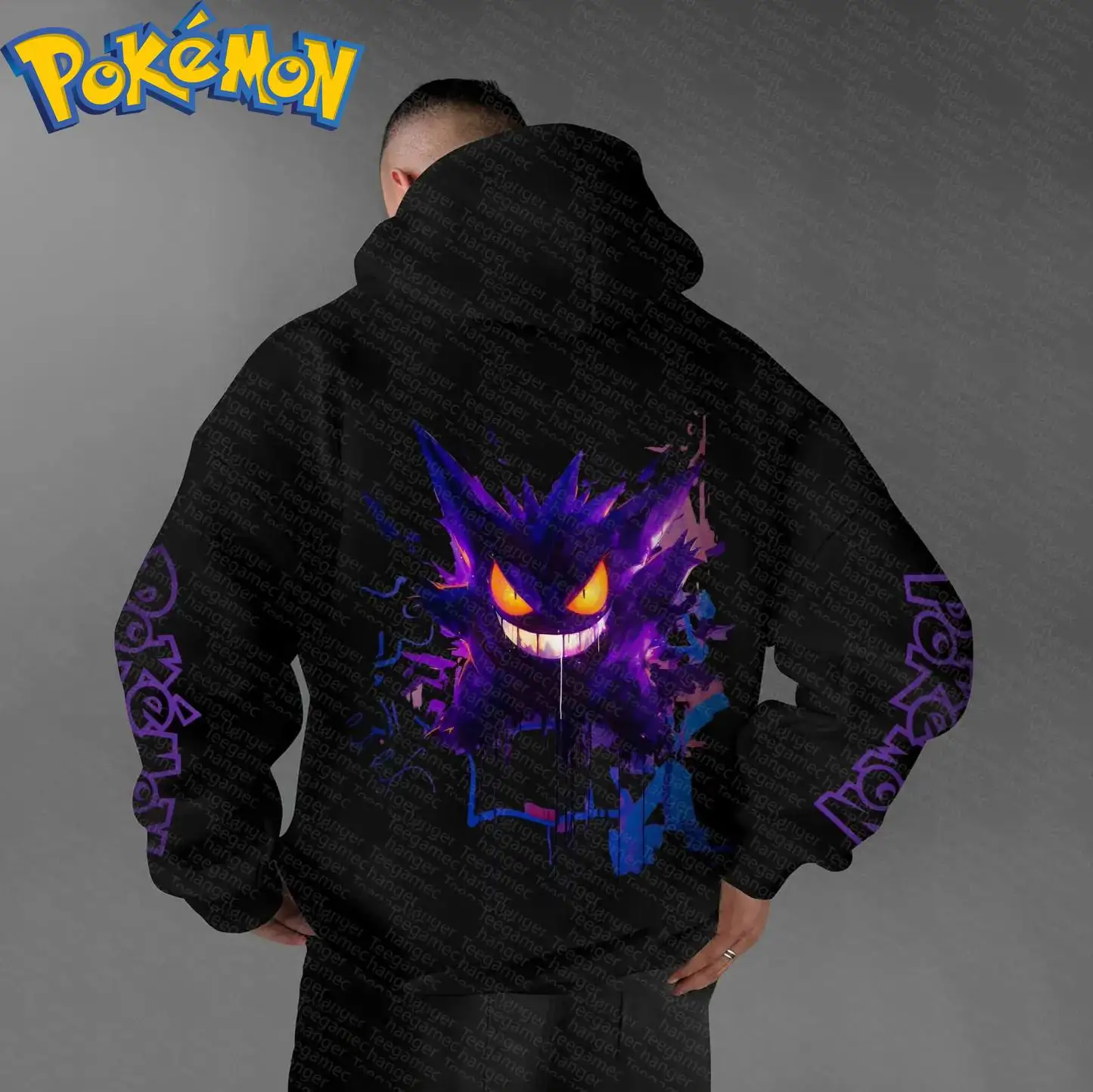 Pokemon Anime Gengar Baumwolle Hoodie Harajuku Hosen Set Schwarz Lila Geistermuster mit leuchtenden Augen Scharfe Zähne Design Zweiteiler