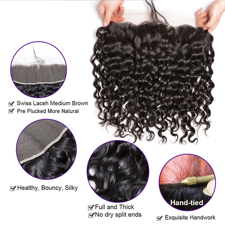 Indian Water Wave Bundles With Closure Wet and Wavy Curly Human Hair Bundles 12A Remy Hair Weave 3 Bundles With Frontal 13X4