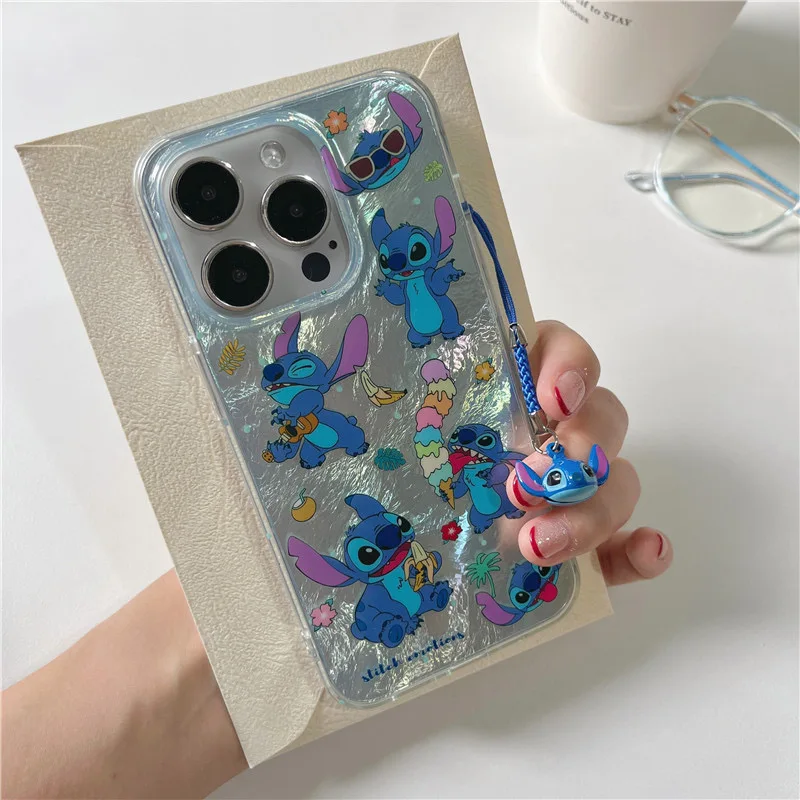 For iPhone 16 Pro Max 15 14 Plus 13 Mini 12 11 7 8 Plus SE Cute Sparkle Stitch Bell Lustre Lining Hard Phone Case With Pendant