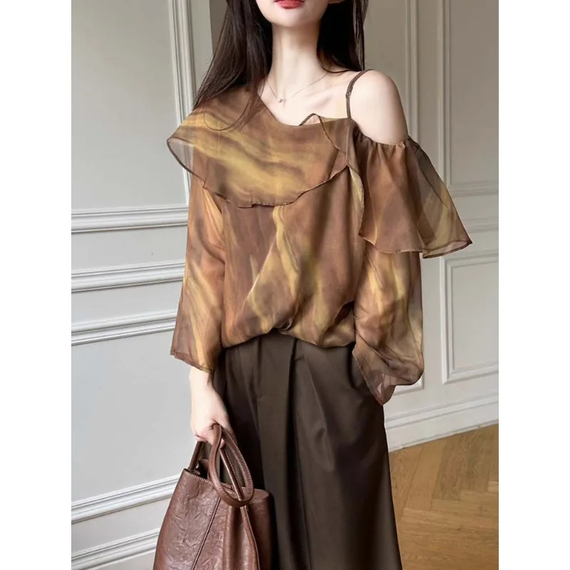 

Early Autumn New Off-shoulder Lotus Skew Collar Shirt for Women Khaki Long-sleeved Chiffon Shirt