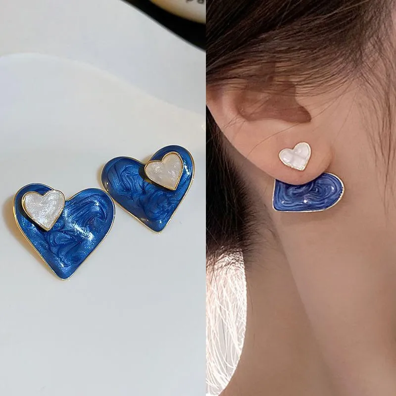 

925 Silver Needle Korean Fashion Dropping Oil Blue Heart Earrings For Women Jewelry 2024 Trending New Women's Stud Earrings Gift