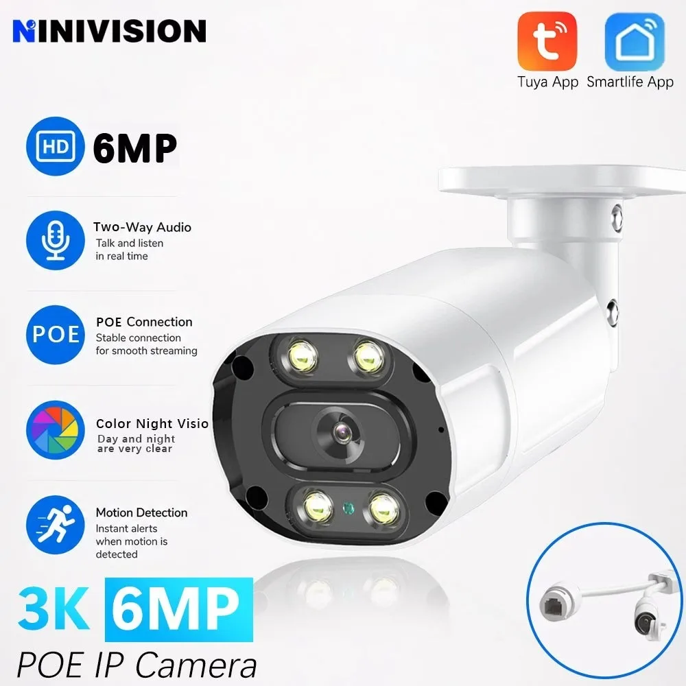 6MP Tuya Smart Life PoE Security Camera Metal Outdoor CCTV with Two Way Audio Dual Light Color Night Vision Camera