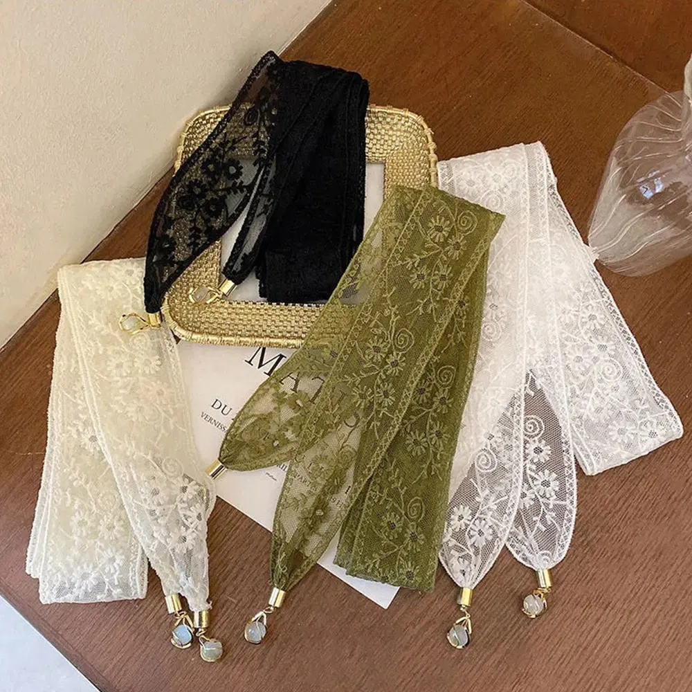 

Винтажный кружевной шарф для длинных волос, вышитый летний тонкий платок-бандана, повязка на голову для женщин и девушек, кружевной цветочный узкий шарф-лента
