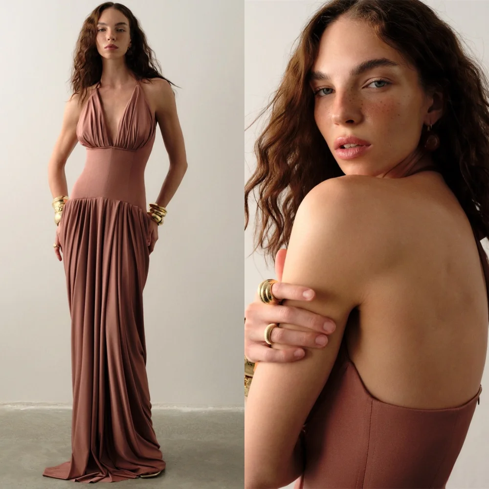 

Customized Modern Jersey Evening Dress Exquisite Halter Sleeveless Homecoming Dresses Temperament Special Occasion Gowns