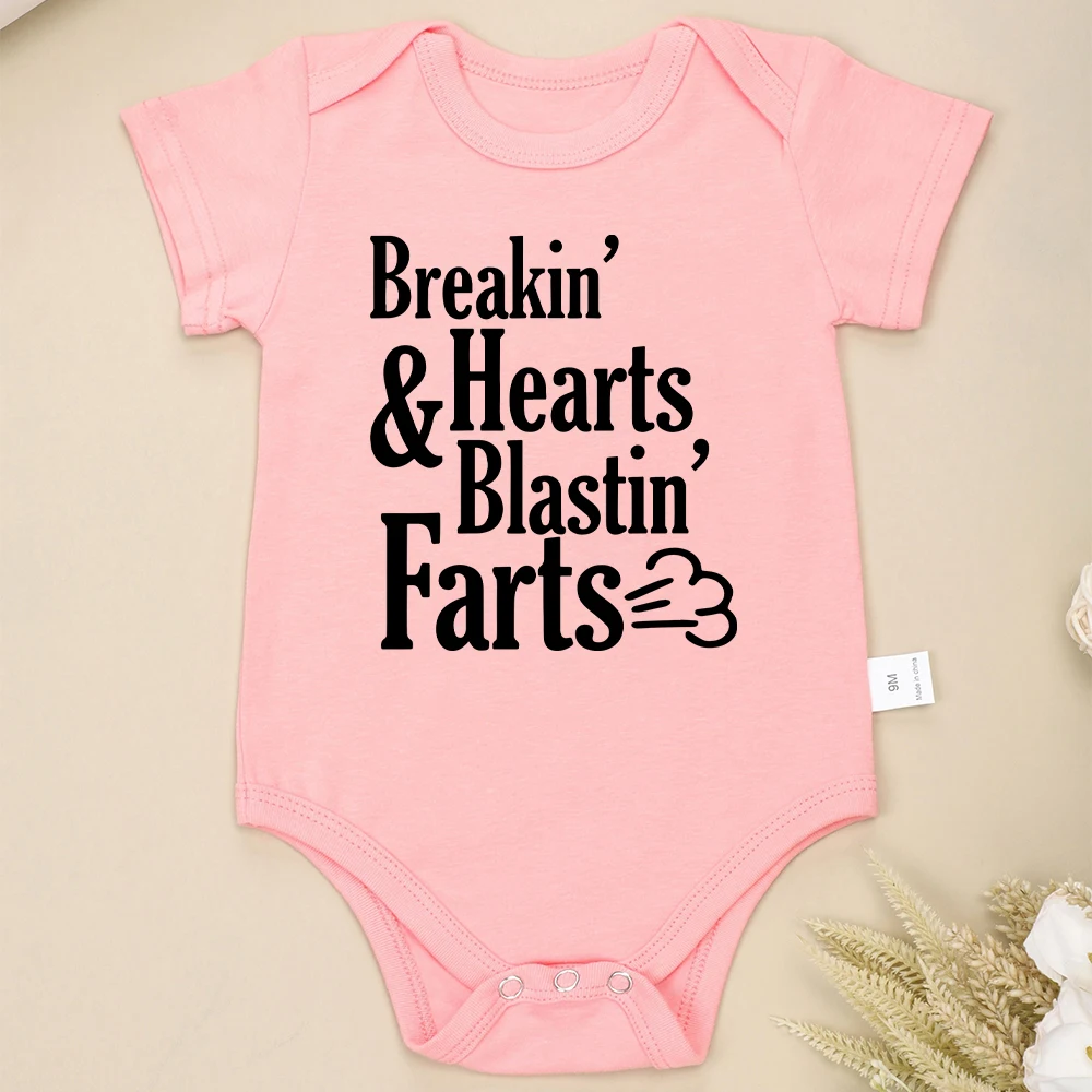 Onesies engraçados do verão para o bebê recém-nascido, Breakin Hearts Print, roupas de algodão para menino e menina, manga curta, o pescoço, macacão