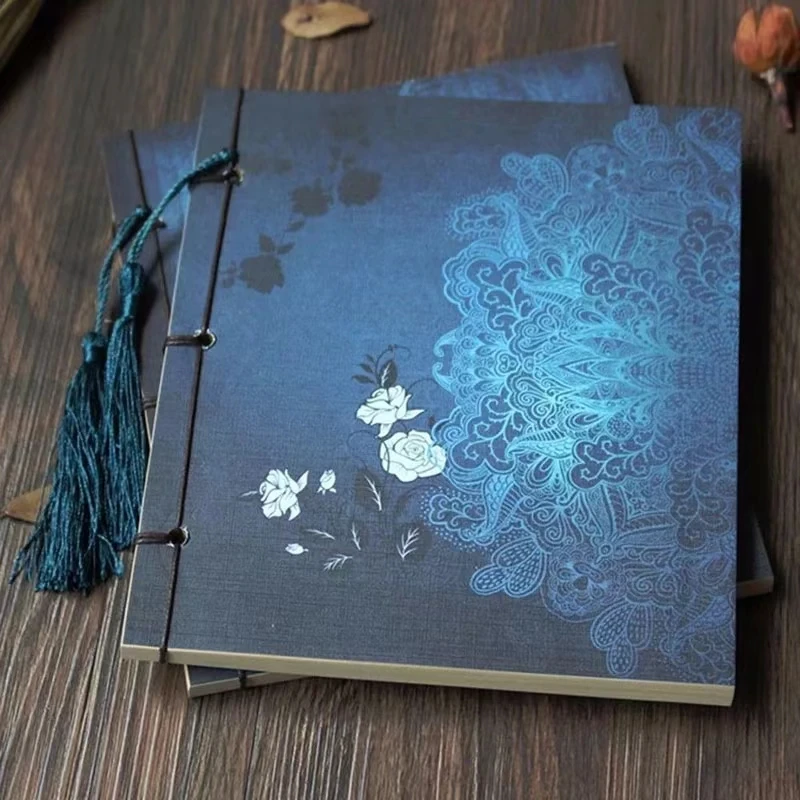 Chinese Style Blue Rose Diary Notebook Tassel Stationery Retro Flower Sketch Book Diary Blank Notebook