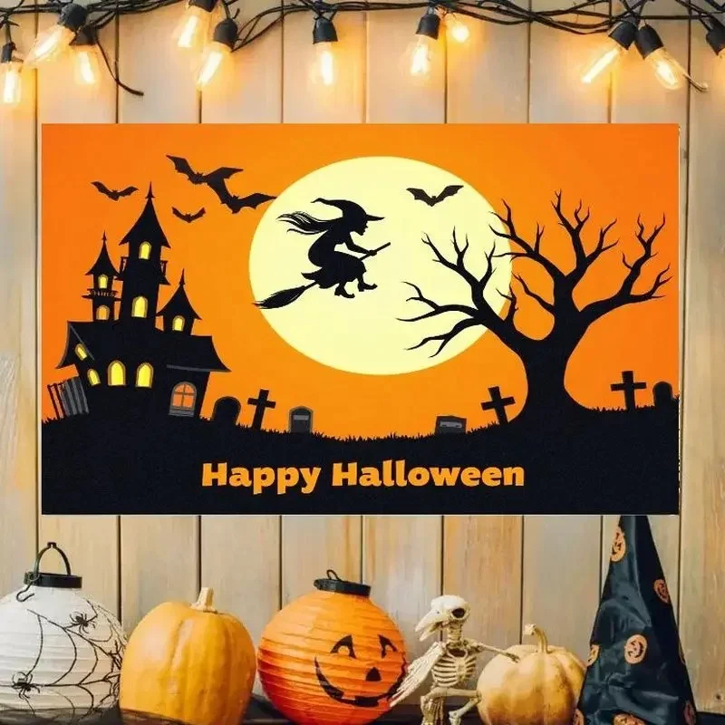 VIKAMA Orange Halloween Wall Hanging Witch On Broom Haunted Mansion Tombstone Bat Print Tapestry Home Party Decor