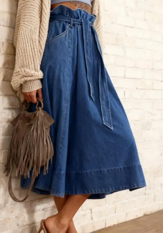 

Women's Denim Skirt with Waistband Street Style New Fashion Female Daily Clothing Women High Waist Elegant Large Swing Skirts