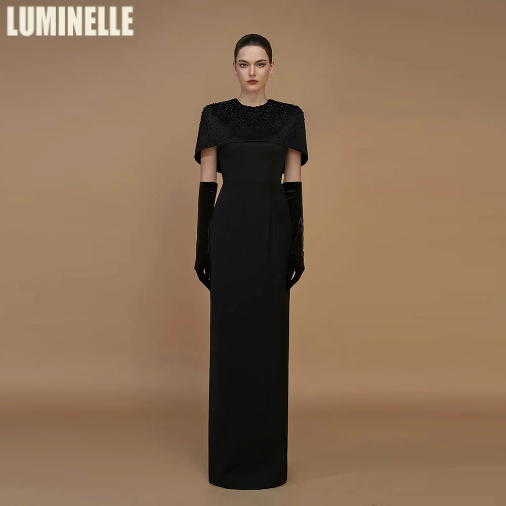 

Sequin Embellished Mini-cape Column Gown with Velvet Gloves O-neck Straight Evening Dresses Luxury Black Prom Dress Customized