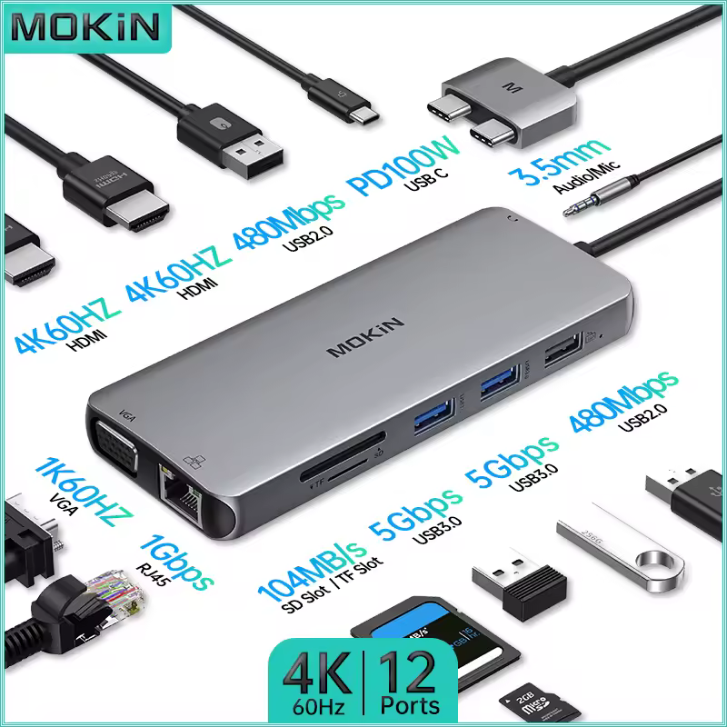 MOKiN 12-in-2 Thunderbolt Docking Station for MacBook Air/Pro Dual USB-C to 2 HDMI USB3.0 USB2.0,PD 100W,SD/TF,Audio USB C Hub