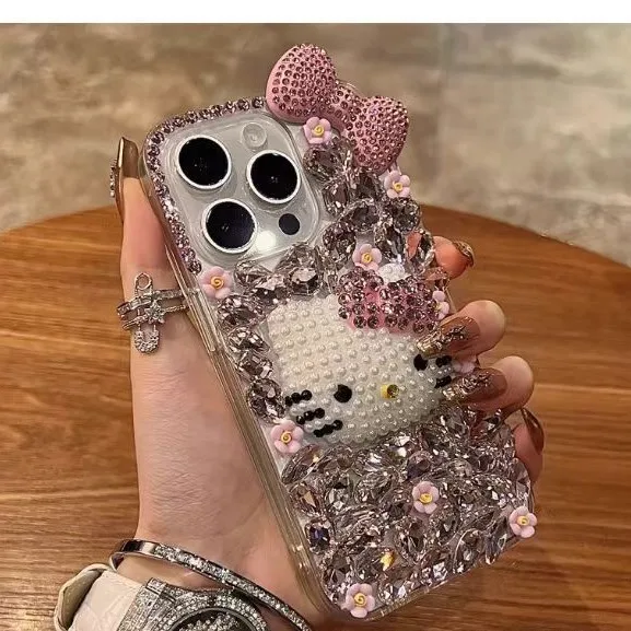 

Sanrio Hello Kitty Bow Flower Bling Glitter Diamond Custom Case for IPhone 16 15 Pro Max 14 13 Pro Max 11 12Pro Full soft shell