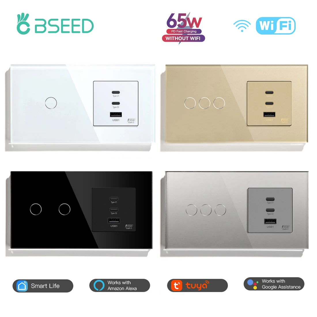 BSEED 1/2/3Gang 1/2/3Way Smart Light Switch WIFI Wall Touch Switches Tuya APP Glass Panel plus 65W USB C Charge Without WIFI