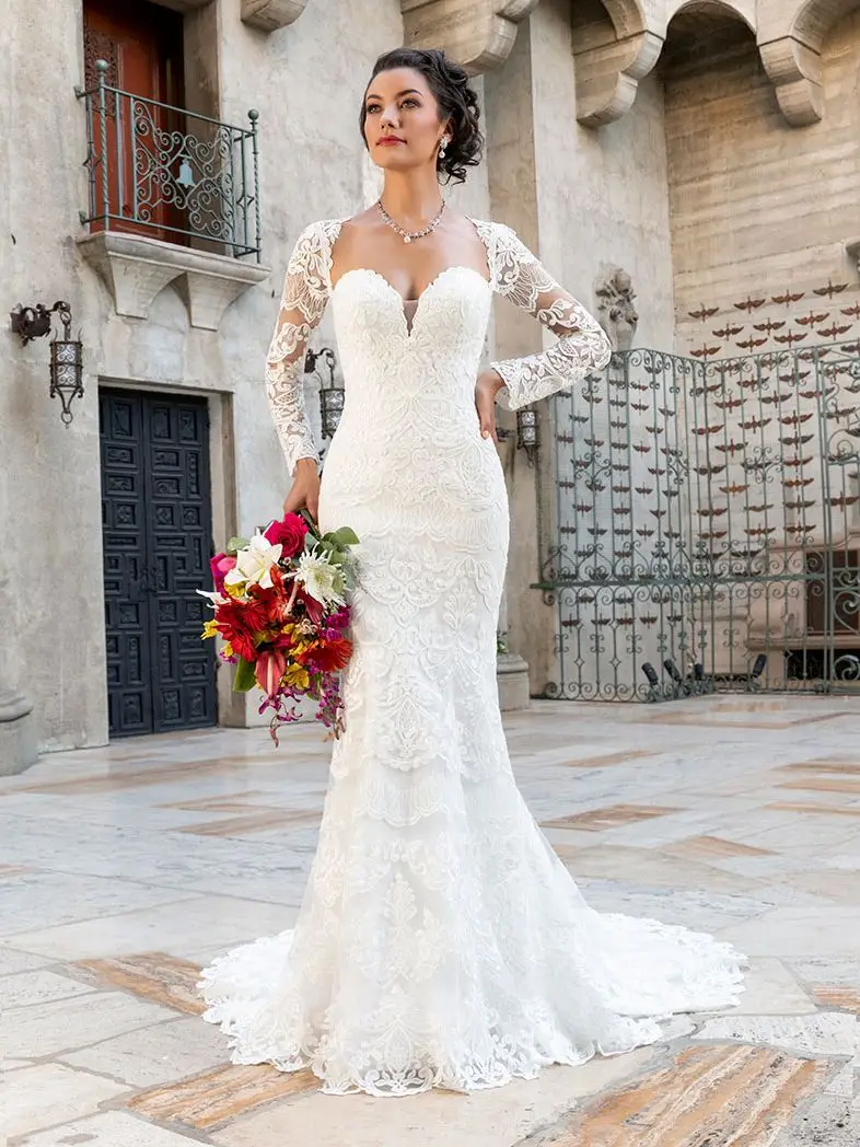 New Wedding Dresses Lace Appliques Mermaid Bridal Gowns Sweetheart Long Sleeves Button Back Robe De Mariee Vestidos Novia