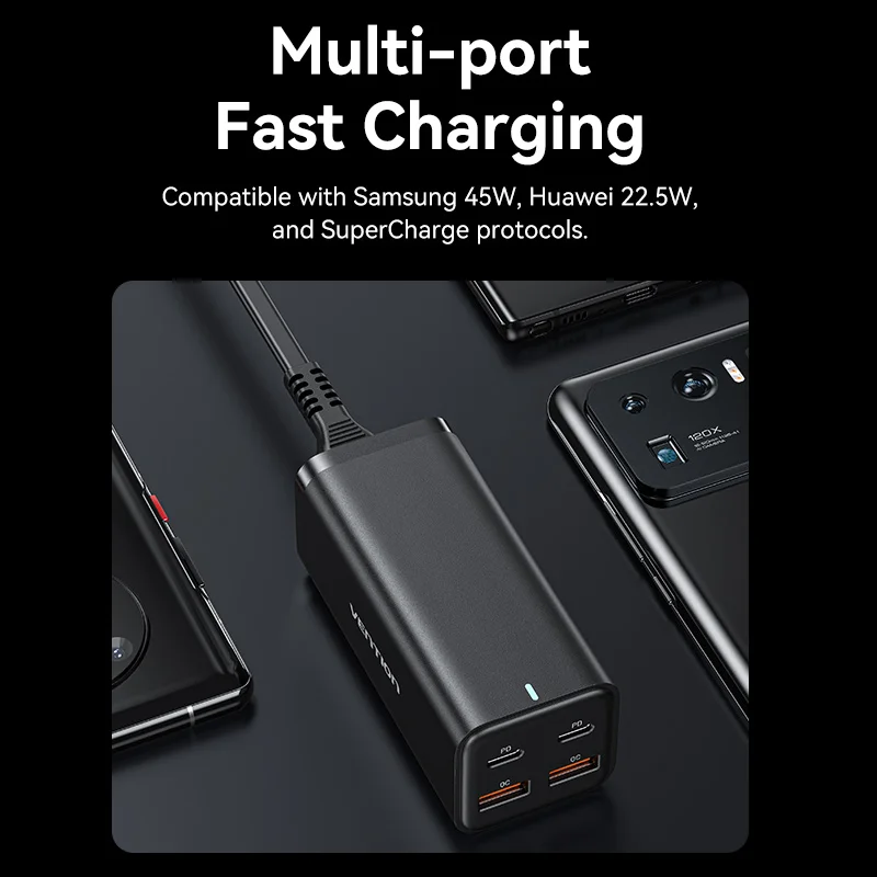 Vention 100W Desktop Charger GaN Laptop Fast PD Charger Adapter For iPhone 14 13 12 Pro Max Xiaomi Samsung Macbook Phone Charger