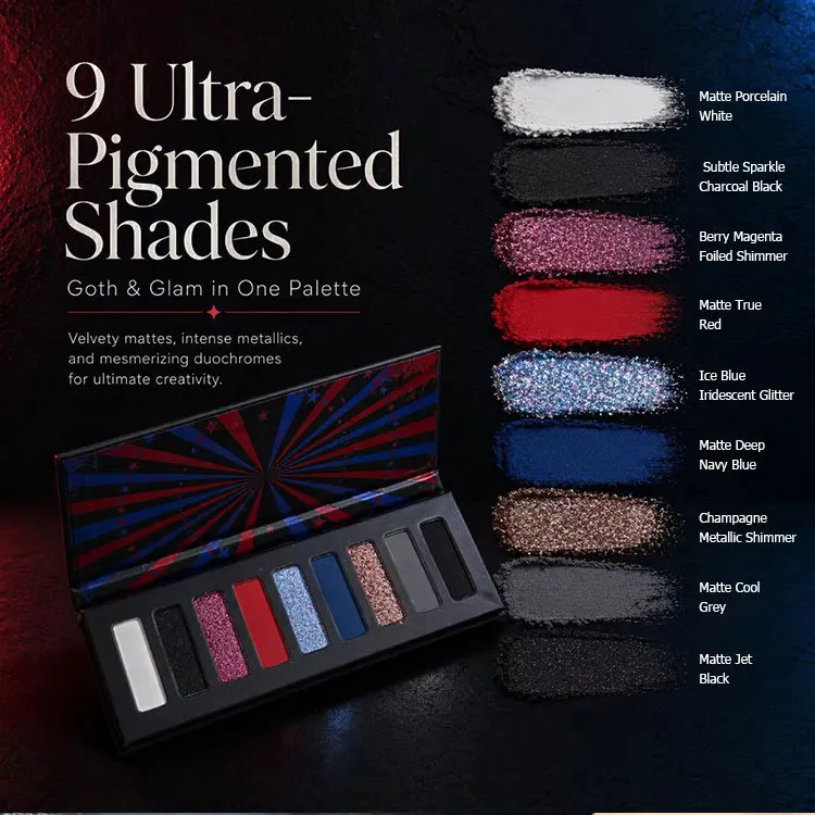 9 colors Eyeshadow Palette Matte Glitter Metallic Gothic Smokey Black Red Highly Pigmented Lasting Halloween Goth Eye Makeup view 6