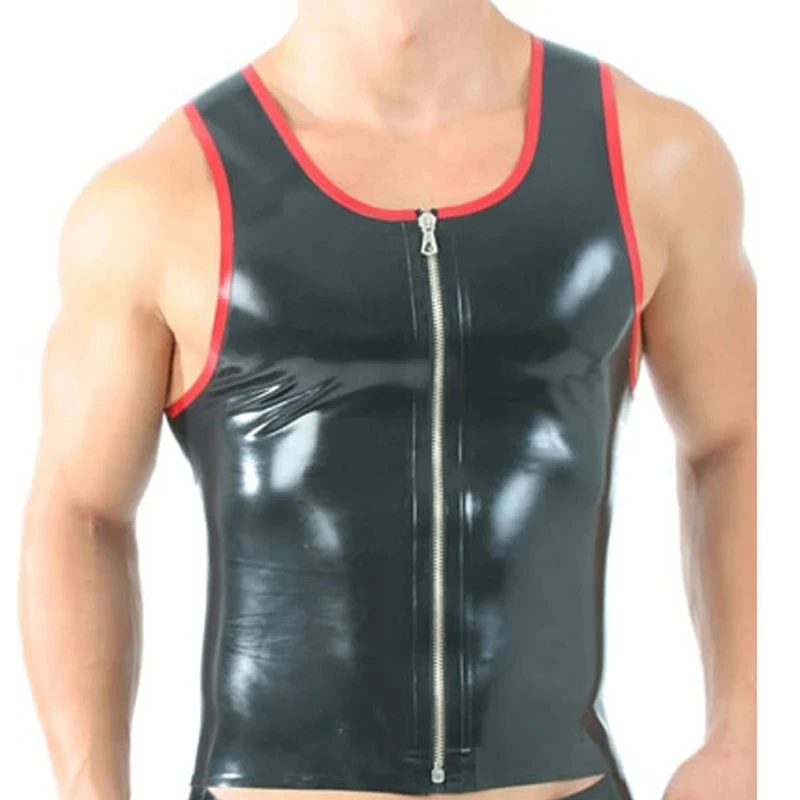 

Latex Shirt Black with Red Trim Front Zip Vest Tank Top for Men Wear Handmade Cosplay Costumes