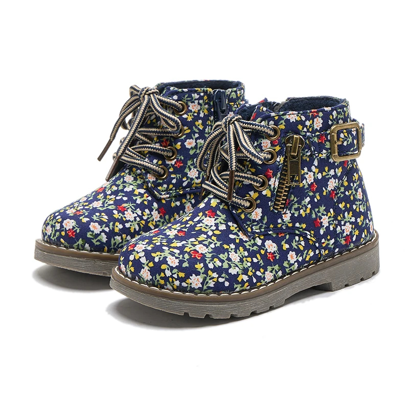 حذاء كاحل مطبوع عليه نباتات للفتيات الصغيرات بسحاب وأربطة للأطفال