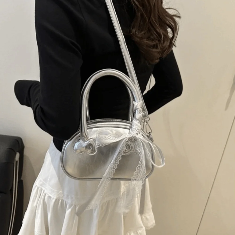 

Casual Korean Bow Crossbody Bag Pu Leather Leisure Lace Ribbons Boston Bag Y2k Sweet Commute Handbag Spring And Summer