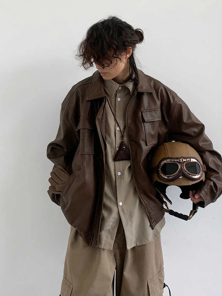 Retro PU Leather Jacket Men's Women's Student Style Biker Coat Spring Autumn New Arrival Neutral Color Trendy Outerwear