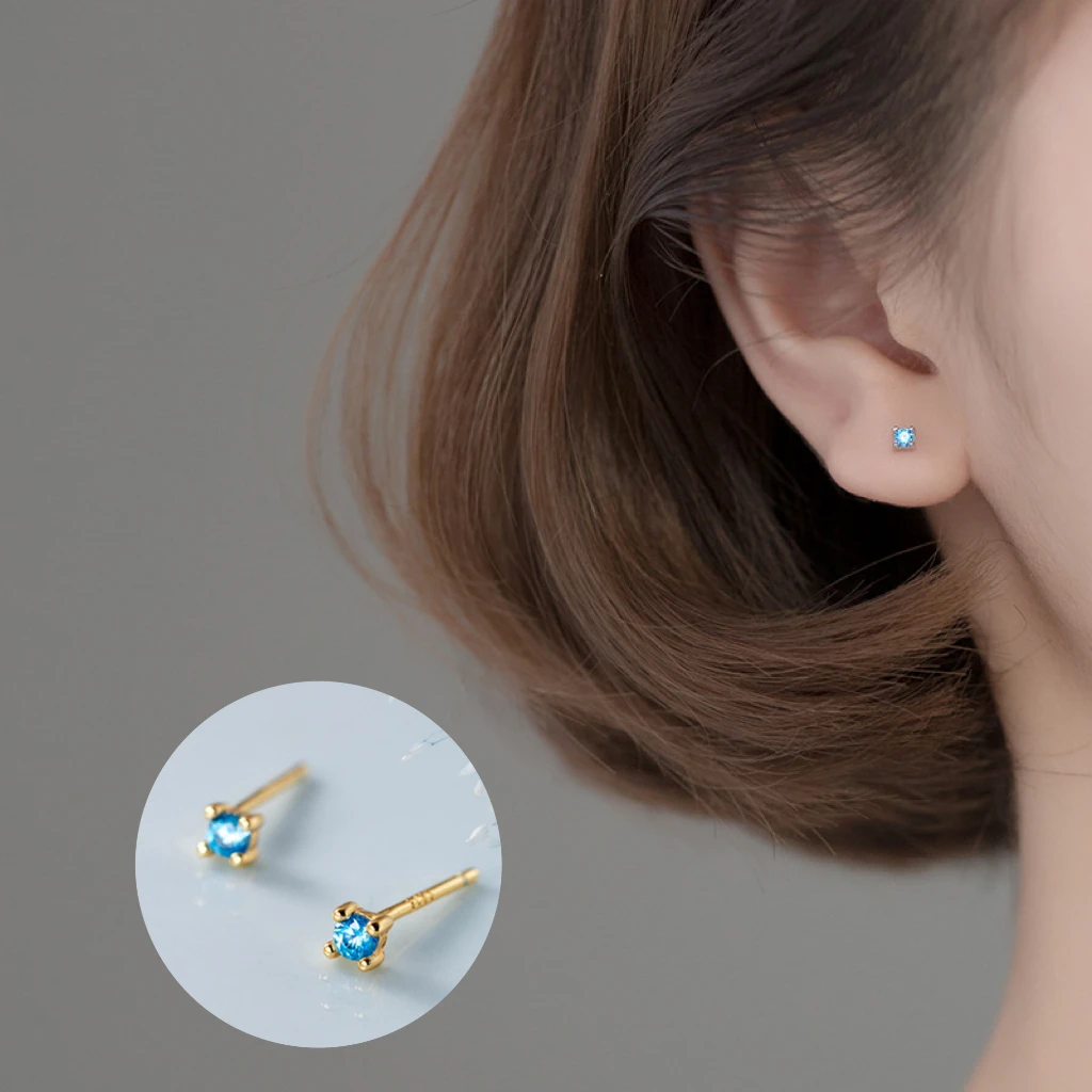 1Pair 925 Sterling Silver Mini Cute Earrings for Women Trendy Sweet Shinny Blue Zircon Silver/Gold Color Earring Party Jewelry