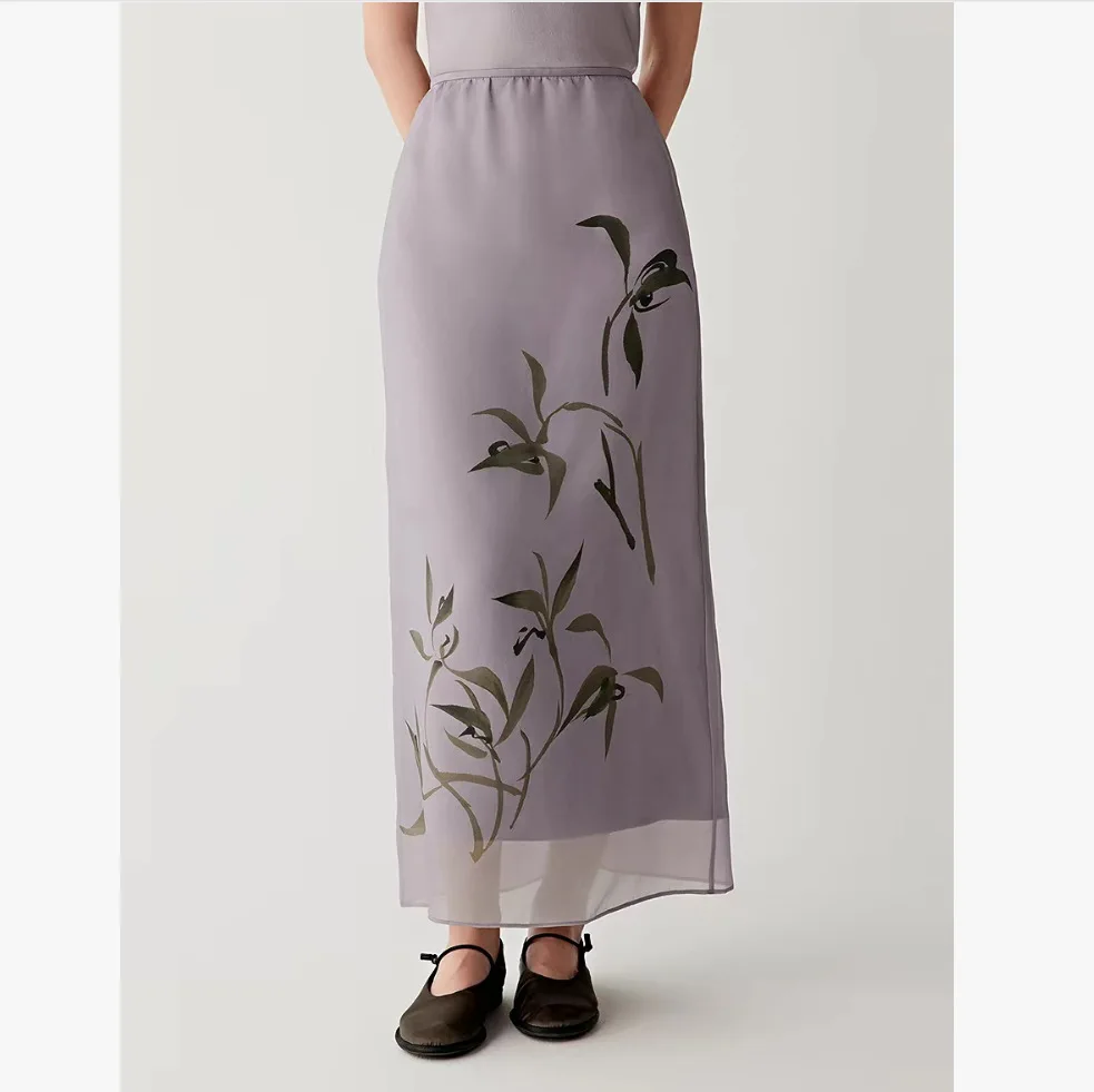 Withered Oriental Artistic Conception Elegant Bamboo Forest Silk Organza Slit Skirt Skirt Woman Clothing Faldas Skirts