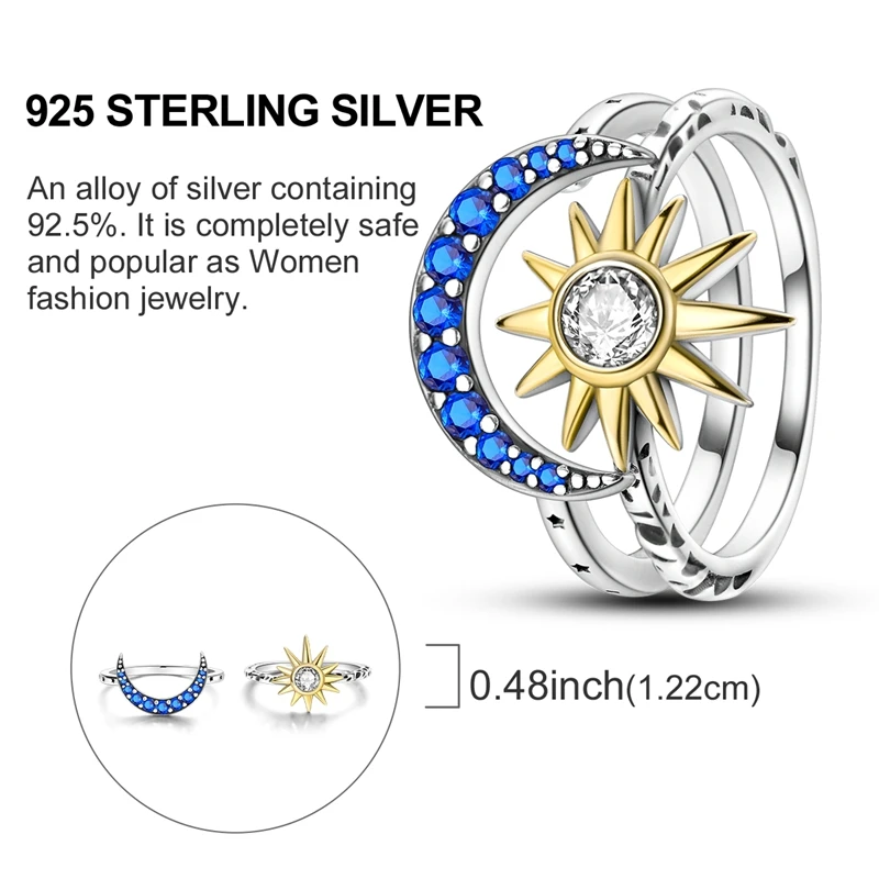 Women's 925 Silver Sun Moon Stars Ring, Sparkling Design