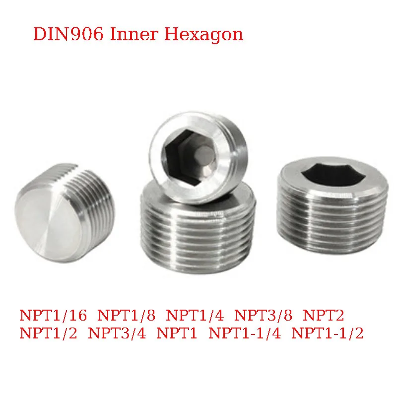 1PC 304 Stainless Steel DIN906 Inner Hexagon Socket External Screw Plug America Conical Pipe Thread NPT1/16 1/8 1/4 3/8 1/2 3/4