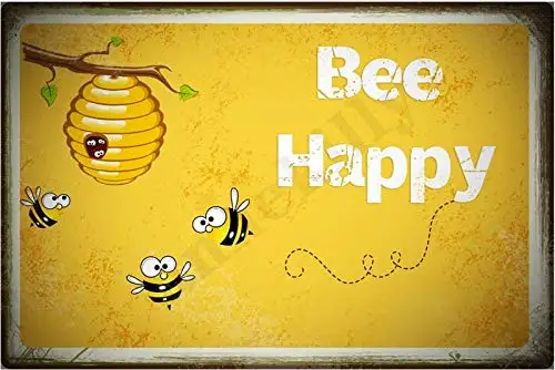 Bee Happy Retro Vintage Metal Tin Sign Home Kitchen Bedroom Hotel Restaurant Wall Art Decor Signs 12X8inches