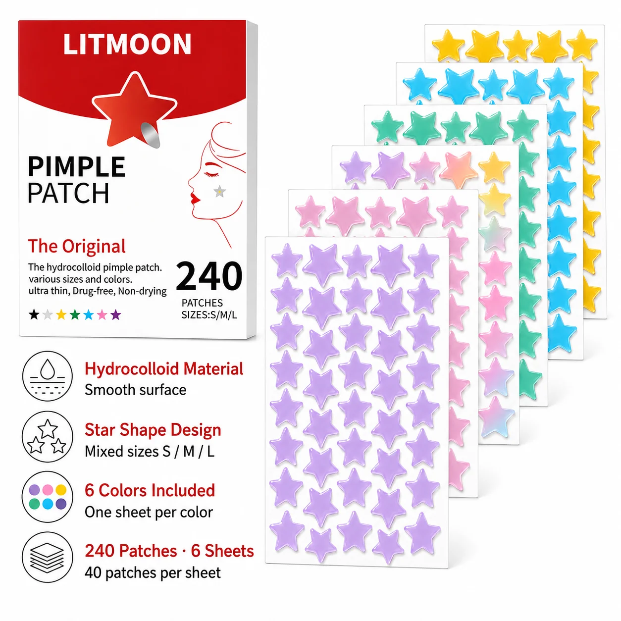 240PCS Colorful Star Pimple Patches Hydrocolloid Blemish Spot Stickers Invisible Face Care Patches for Daily Skincare
