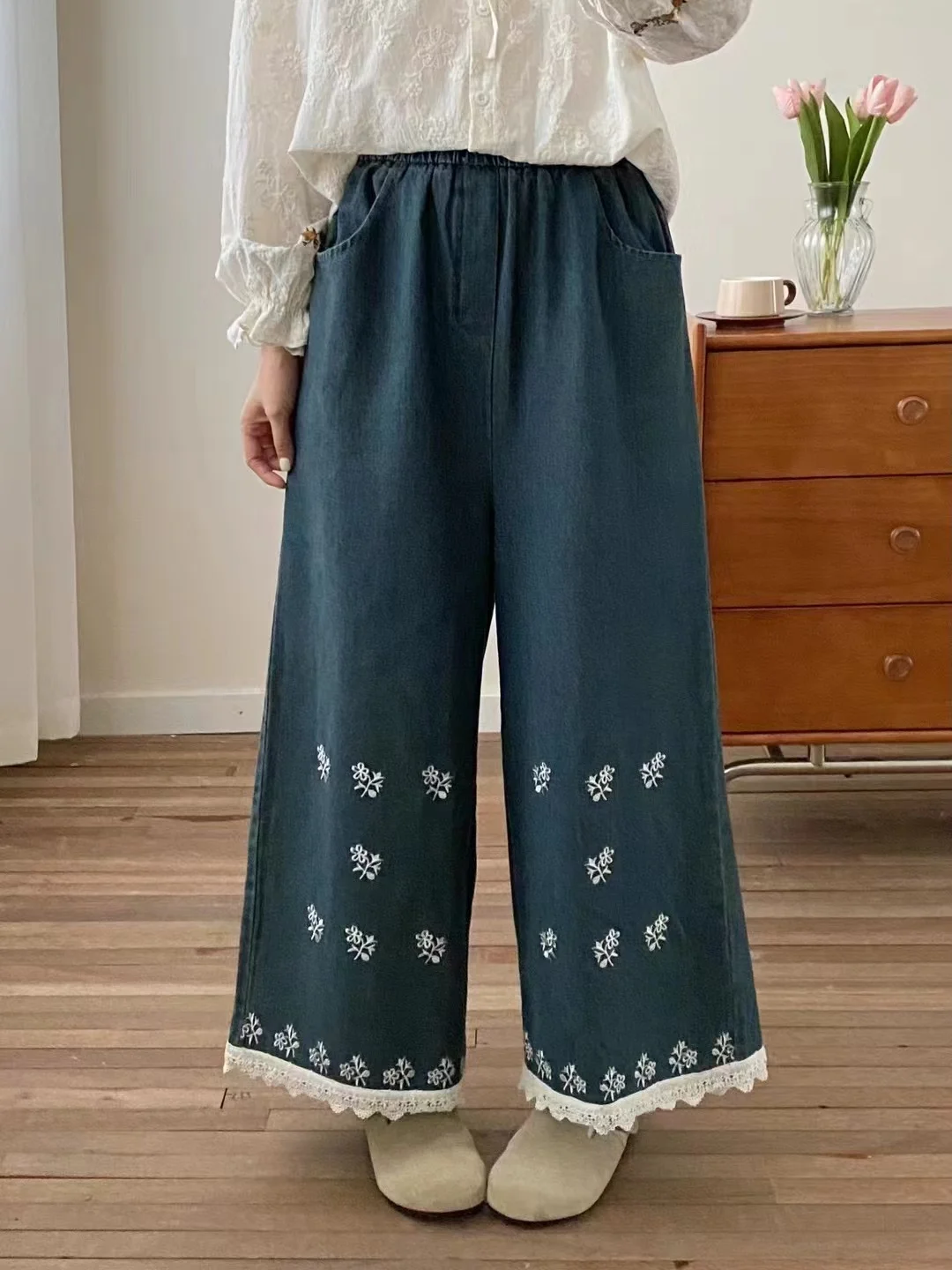 New Spring Cotton Denim Trousers, Women Elastic Waist Embroidery Lace, Mori Girl Loose Japan Style Wide Leg Jeans, 2025 B4D813CC