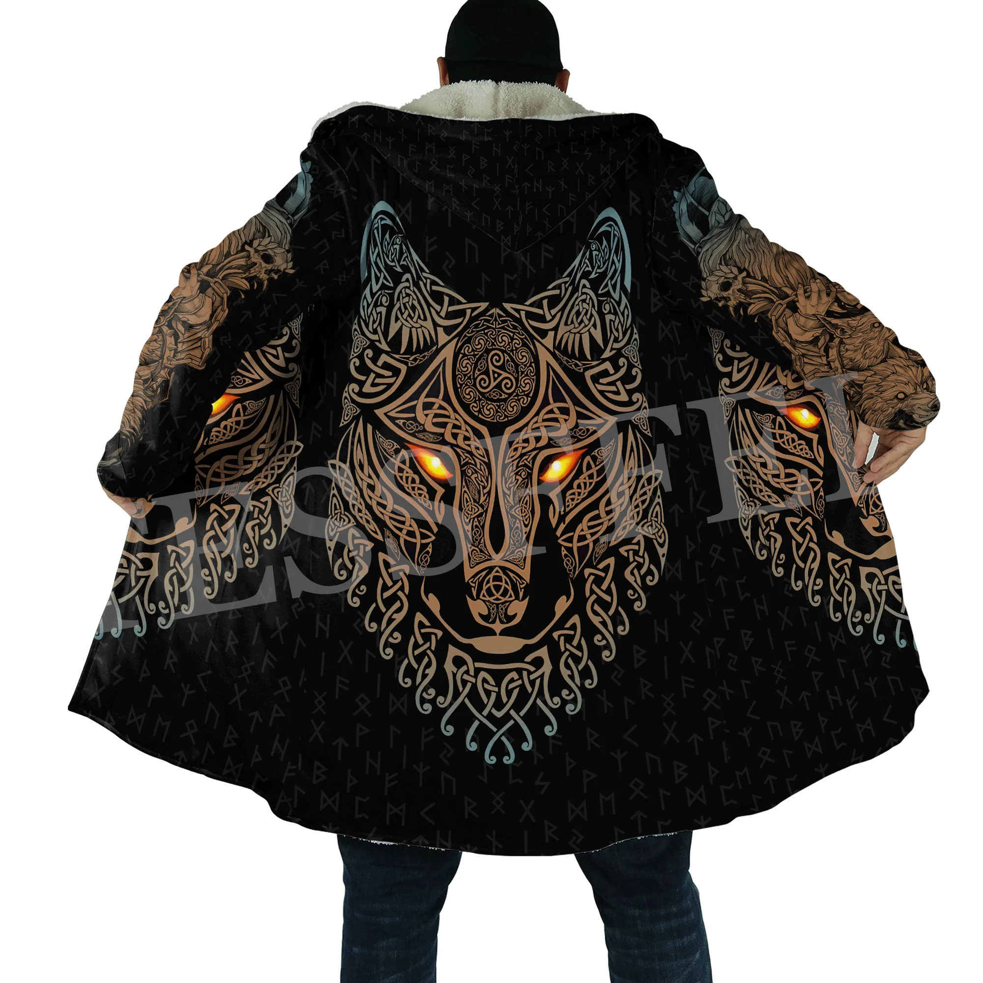 Wolf Fenrir Odin Nordic Warrior Mythology Tattoo Vintage Retro 3DPrint Windbreaker Winter Casual Hoodies Cloak Fleece Overcoat W