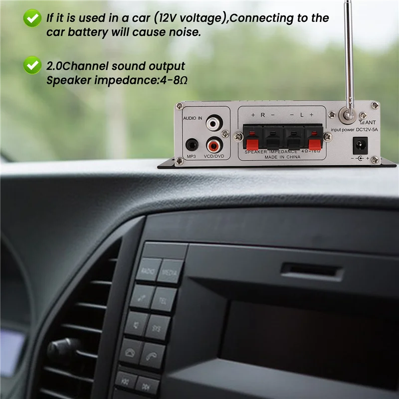 0Z-12V Digital Audio Power Amplifier Bluetooth 5.0 HIFI Treble And Bass Audio AMP 20Wx2 For Home Theater Club Car Party