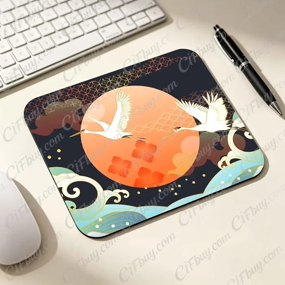CIFbuy Mouse Pad Small Chinese Crane Red Sun Wave Cloud Floral Print Smooth Cursor Precise Tracking Non-Slip Elegant Gaming Offi