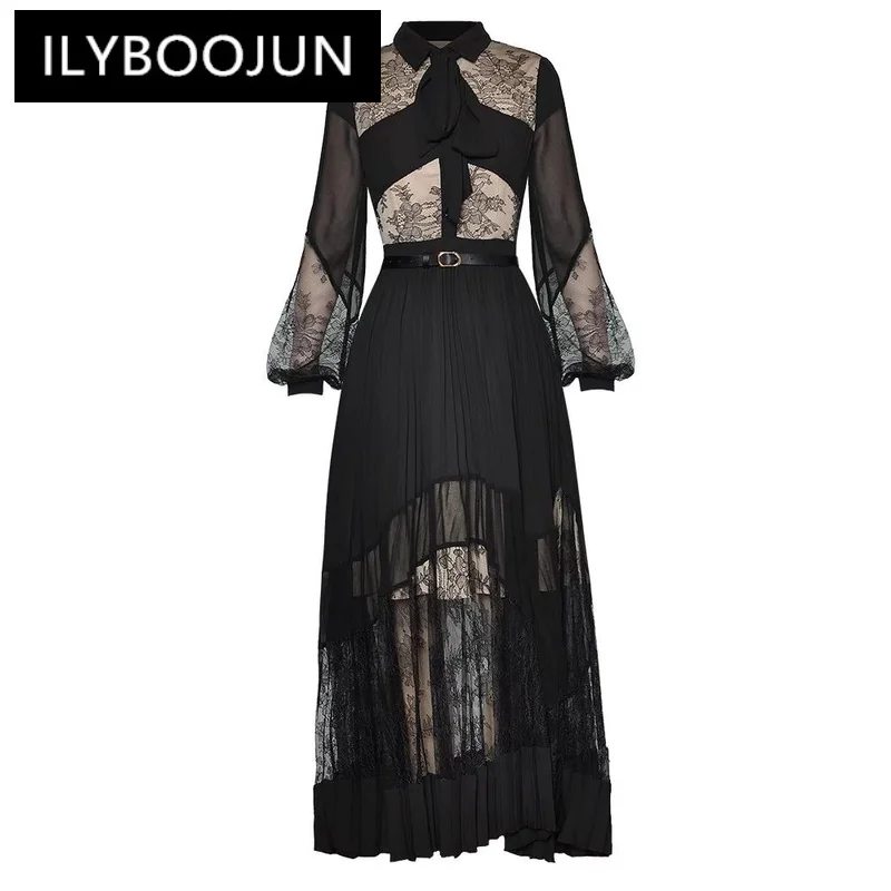 

ILYBOOJUN Fashion Designer Autumn Long Dress Women Lantern Sleeve Single Breasted Lace Patchwork Belt Vintage Pleated Dresses