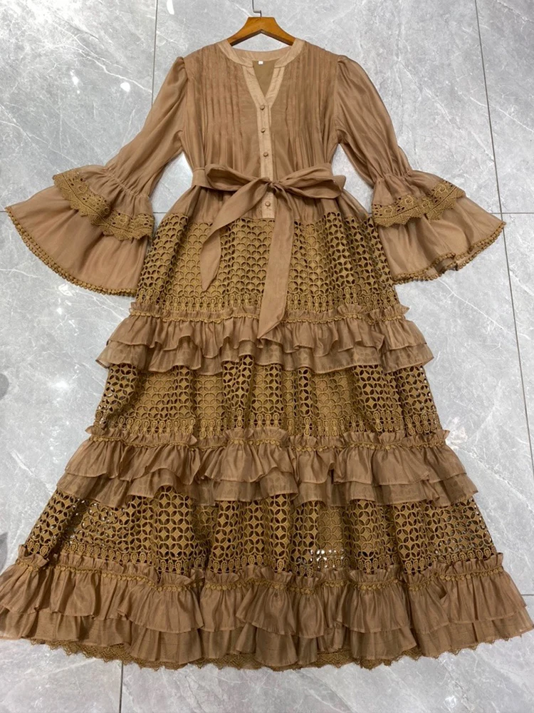 Vestido Retro de otoño nuevo de alta calidad para mujer con volantes y manga de trompeta hueca vestido suelto elegante de encaje con temperamento para vacaciones vestido de cintura alta.