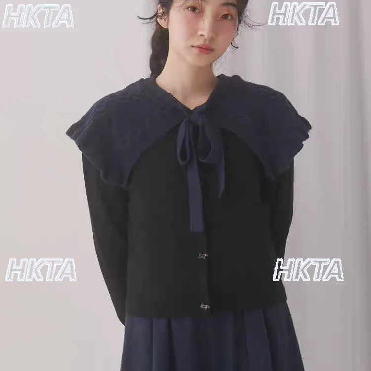 

Милые пригородные универсальные мультяшные пуговицы с круглым вырезом и длинными рукавами, черные короткие свитера, кардиган, женские осенние новые милые вязаные топы