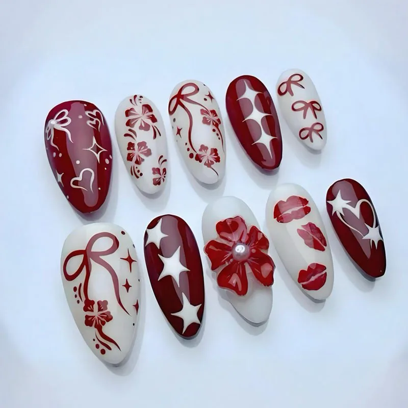 24Pcs Strawberry Bow Heart Press on Fake Nails French Rhinestone Detachable False Nails Mid-length Almond Full Cover Nails Tips