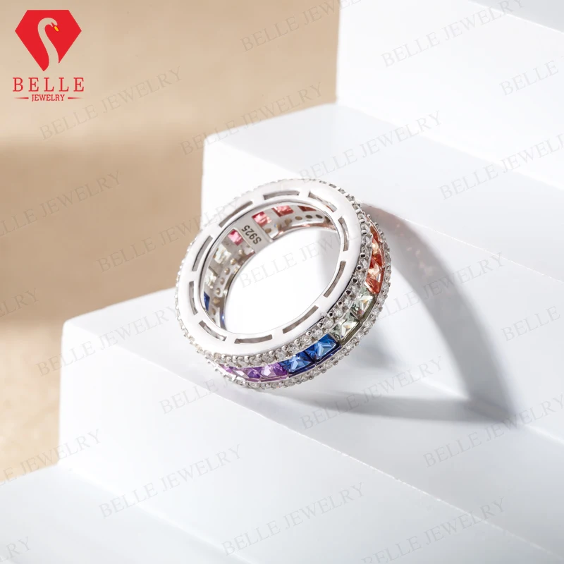 Lab Grown Gemstone S925 Silver Rainbow Jewelry Set Princess Cut Tennis Bracelet Long Drop Earrings Eternity Ring for Women
