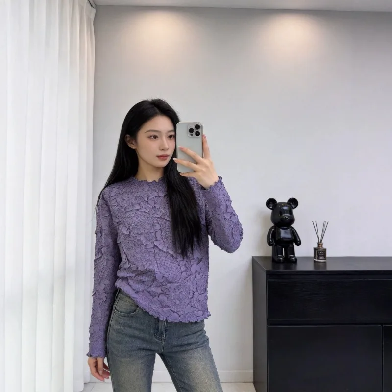 Miyake Pleated 2026 Autumn New Solid Color Long Sleeve Heavy Craft Three-dimensional Flower Slim Fit Versatile Women's Clothing
