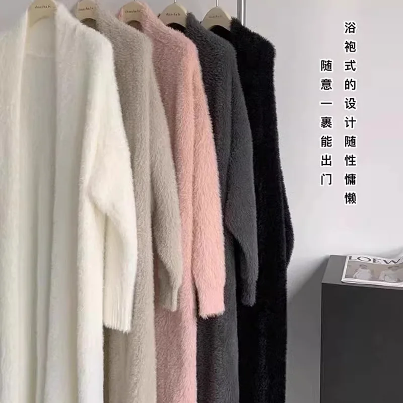 Autumn/Winter Lazy Style Loose Knee Length Thickened Pure Imitation Mink Fleece Knitted Sweater Cardigan Coat Women's Coat