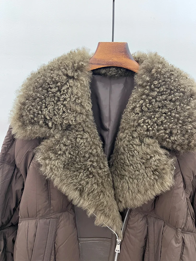 Damskie kurtki puchowe z grubego puchu gęsiego z naturalnym kołnierzem z futra jagnięcego na zimę 2025, ciepłe, ocieplane, odzież wierzchnia.