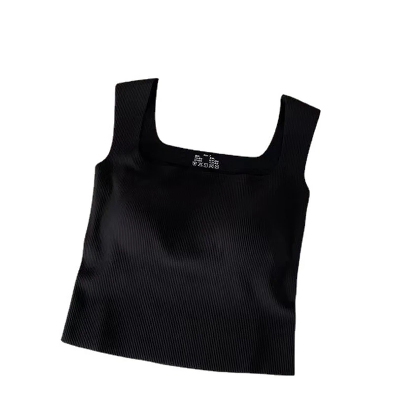 New Wide Shoulder Camisole Square Neck Beautiful Back Threaded Vest Women's Seamless One-piece Fixed Cup Casual Solid Tops image 5
