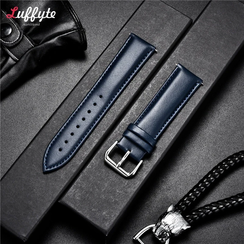 16mm 18mm 20mm 22mm Leather Watch Strap Stainless Steel Pin Buckle Men Women Blue Green Purple Leather Watchband Bracelets