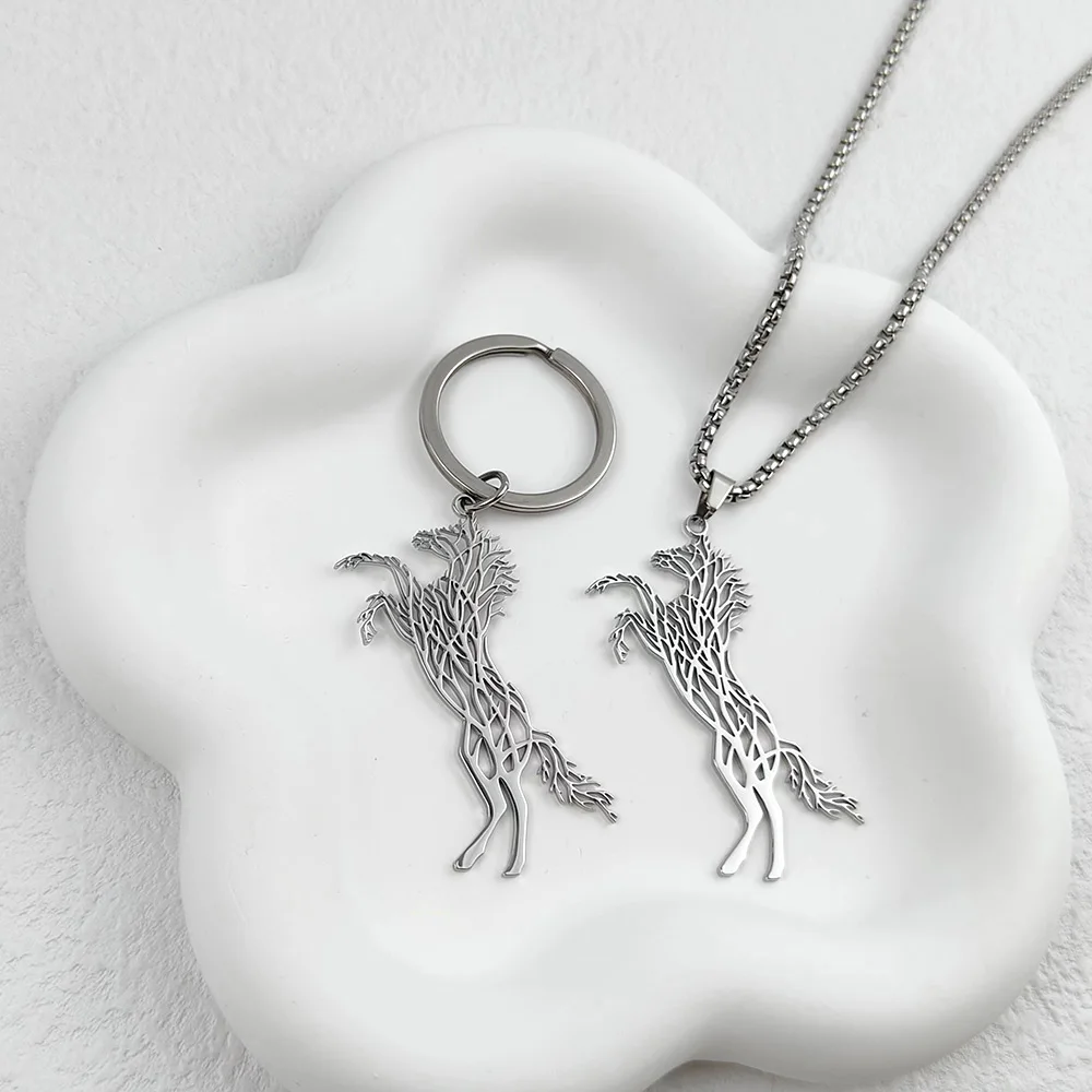 316L Stainless Steel Tree Horse Pendant Necklace Keychain Hollow Galloping Horse Jewelry Unisex Accessory Gift