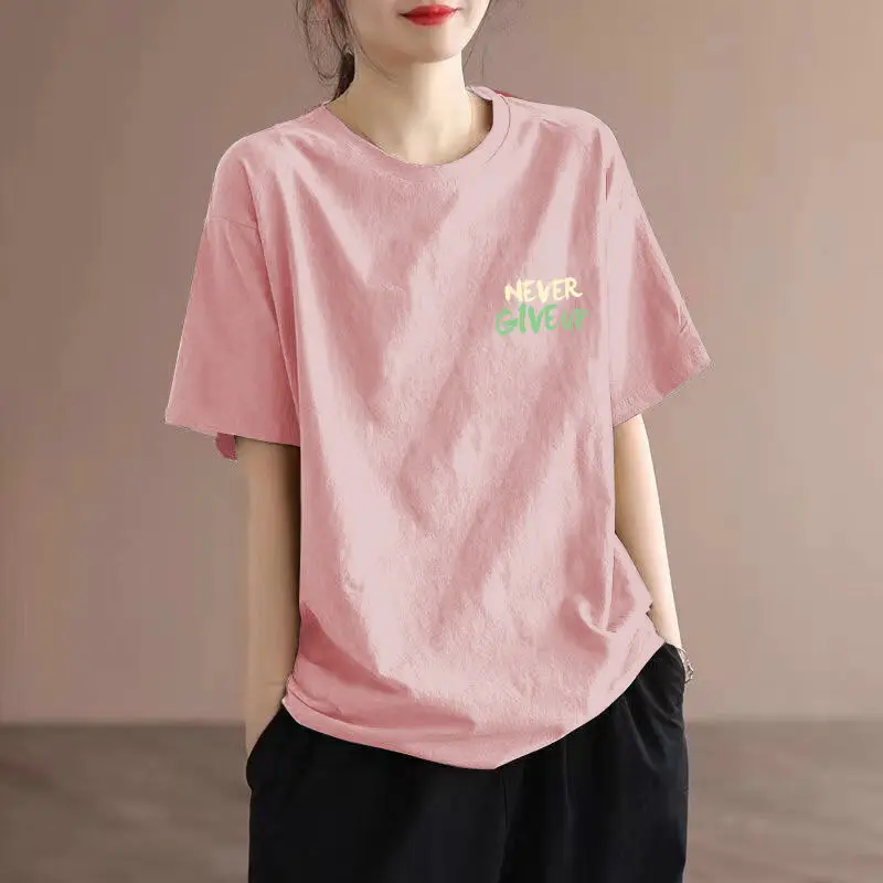 Street Casual Loose Youth T Shirts Summer New Embroidery Short Sleeve Solid Color Basic Tops Tees Harajuku Fashion Women Clothes