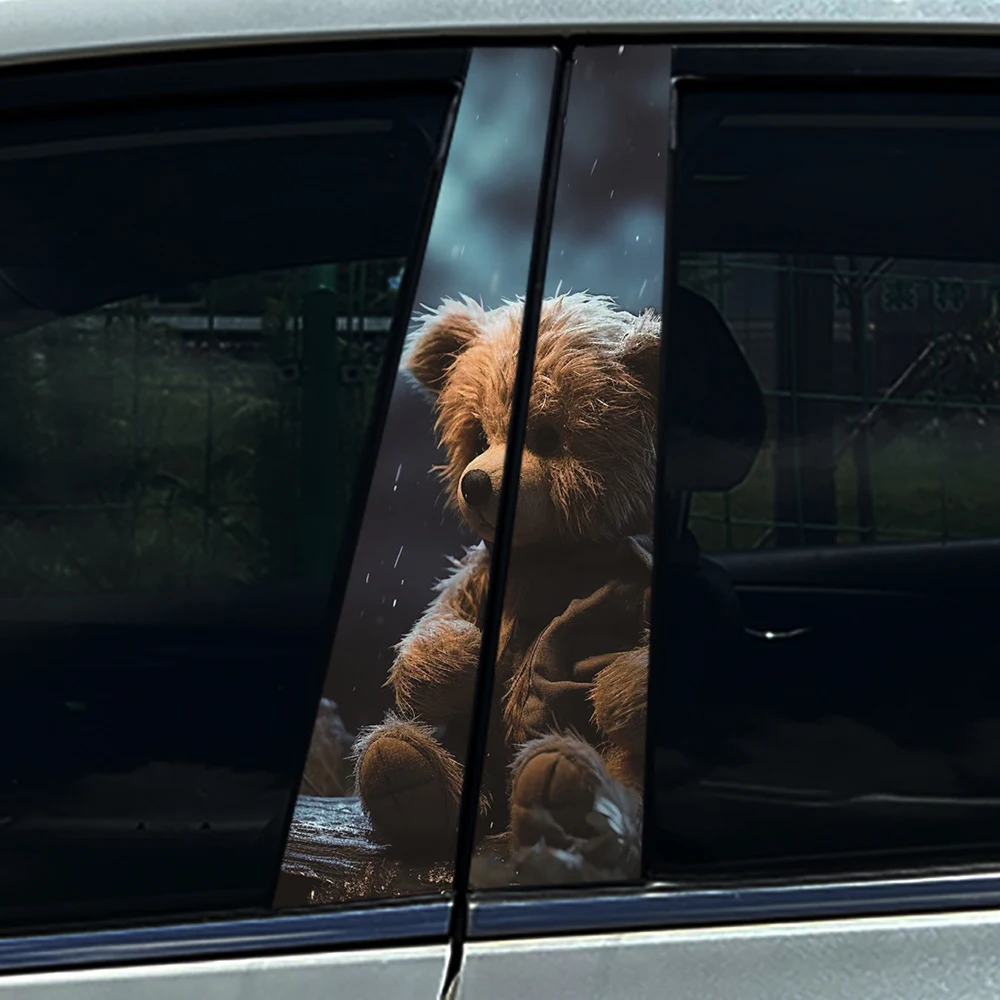 2PCS Cute Rainy Teddy Bear Car B-pillar Sticker 3D Perspective Window Decal Waterproof UV-resistant PVC Auto Styling Decor