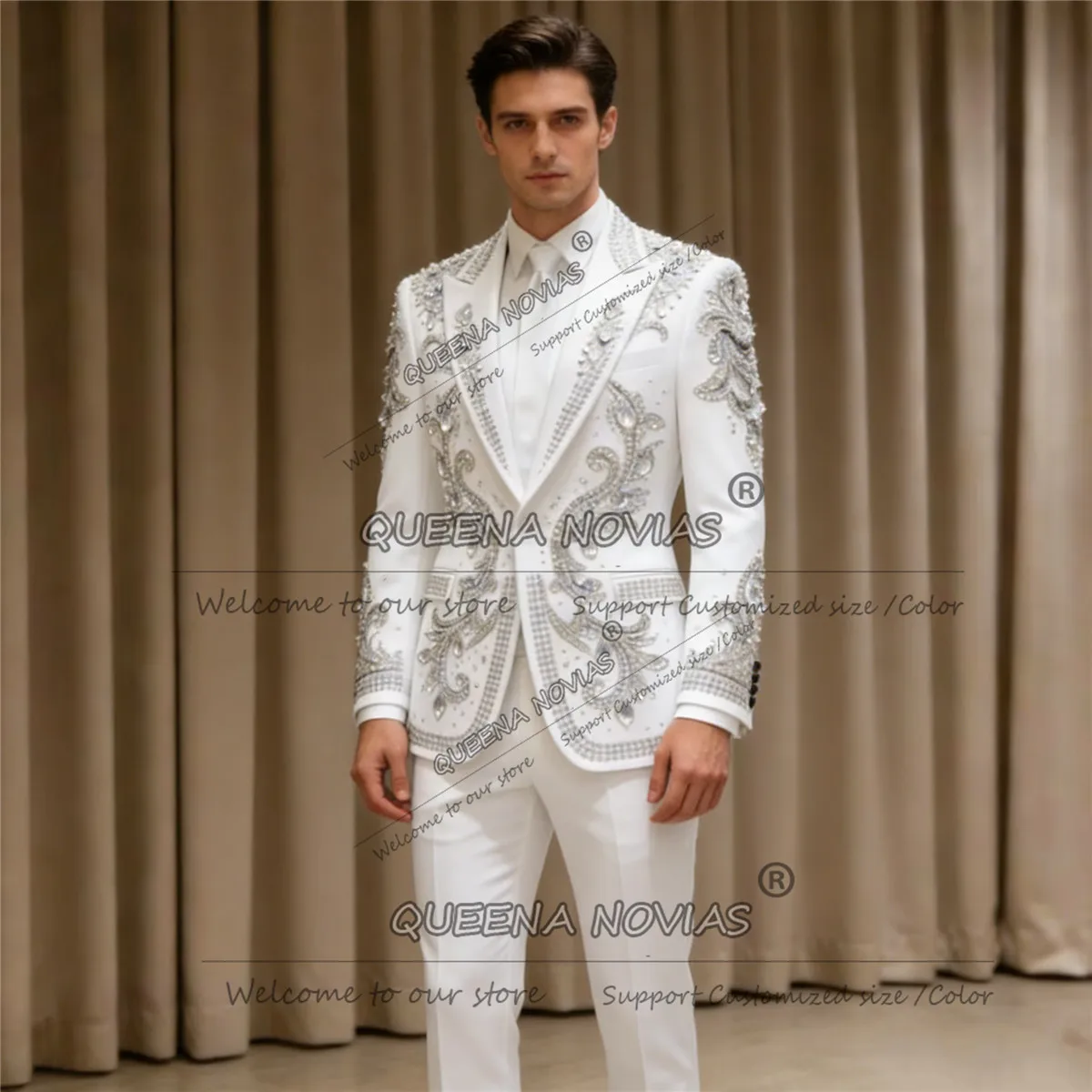 

Brilliant Beaded Crystals Suits Men For Wedding Notched Label Prom Blazers Customized Groom Formal Party Tuxedos 2pc Ropa Hombre