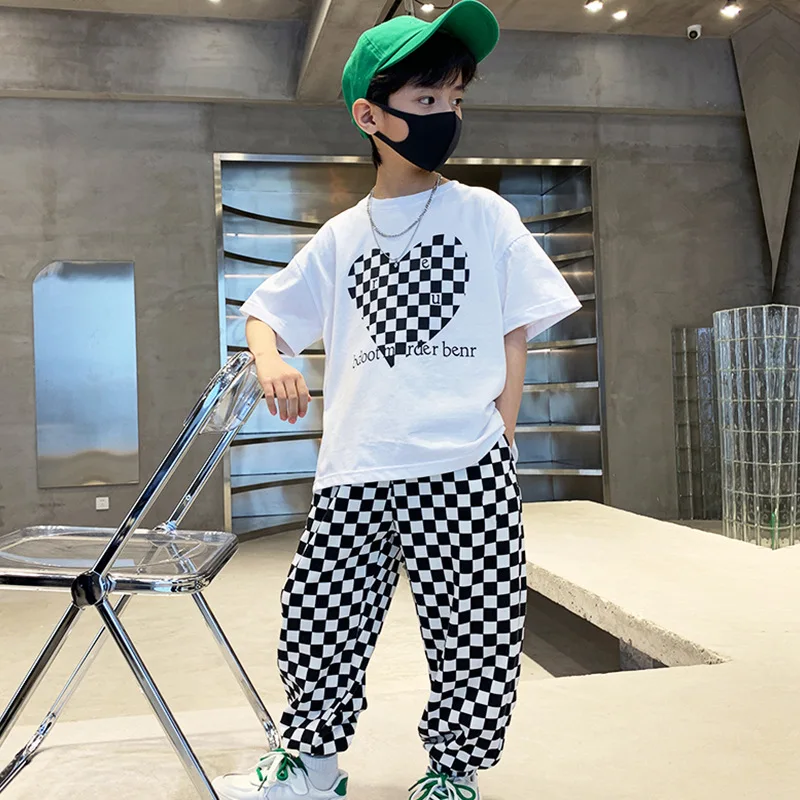 Summer Casual Boys Contrast Alphabet T-Shirt Tops+Plaid Sweatpant School Kids Tracksuit Child Jogger Outfit Workout Set 3-14 Yrs