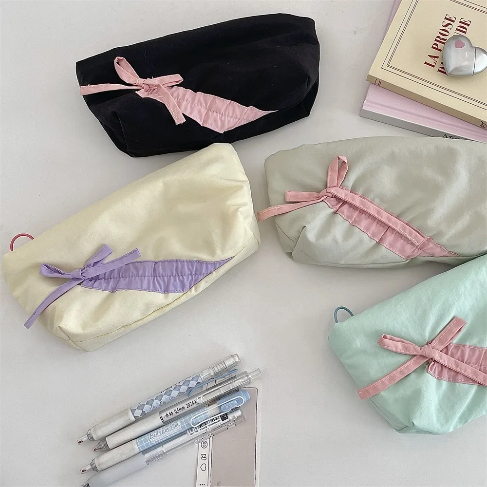 

New Large Capacity Bowknot Pencil Case Cute Bow Multi-purpose Lipstick Storage Bag Zipper Students Stationery Pouch Students
